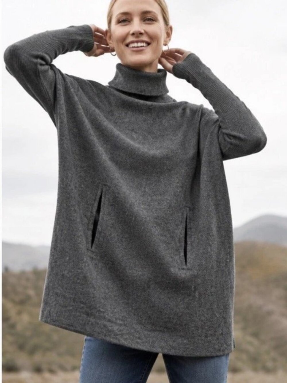 Garnet Hill Oversized Turtleneck Sweater Women XS Gray Wool Cashmere Tunic